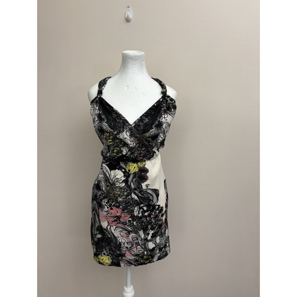 GLAM Women's Y2K Halter Mini Dress Abstract Floral Graphic Print Size M Vintage